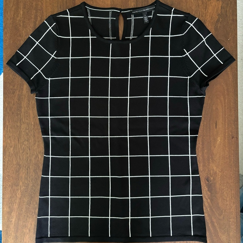 WHBM Black White Windowpane Short Sleeve Knit Top